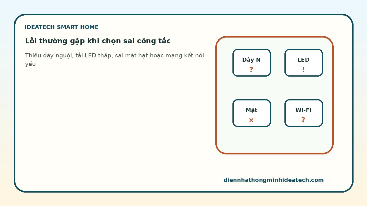 Các lỗi thường gặp khi chọn công tắc thông minh sai dây nguội tải đèn và mặt hạt