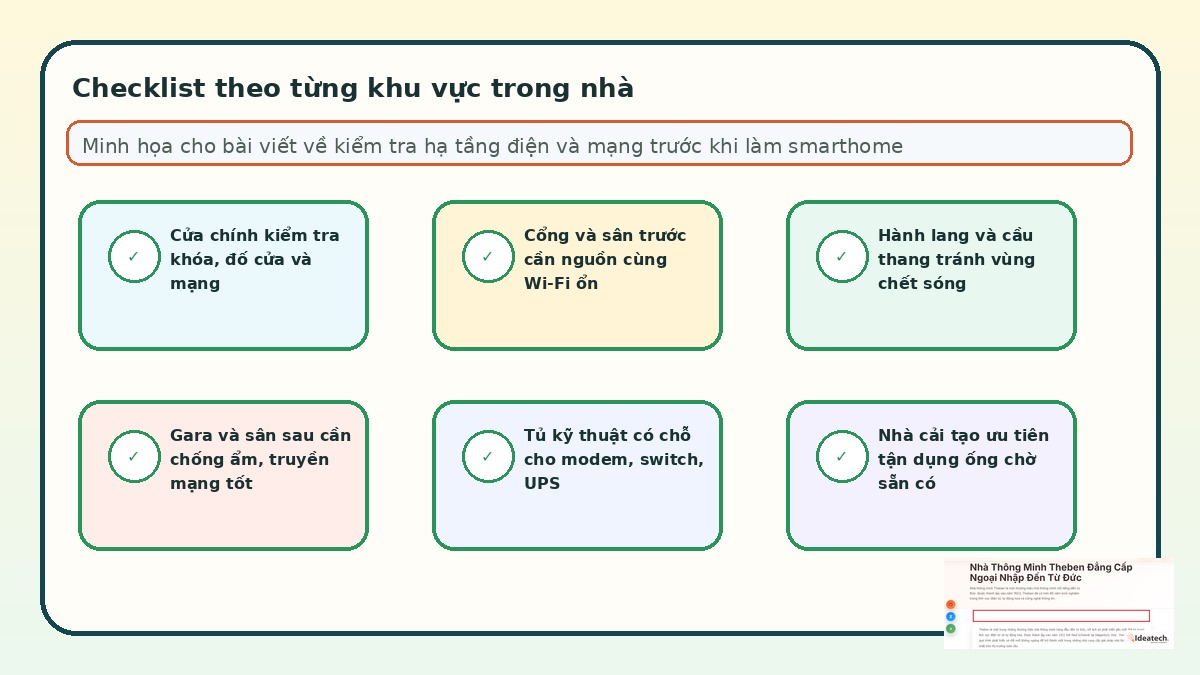 Checklist hạ tầng điện và mạng theo từng khu vực trước khi lắp smarthome