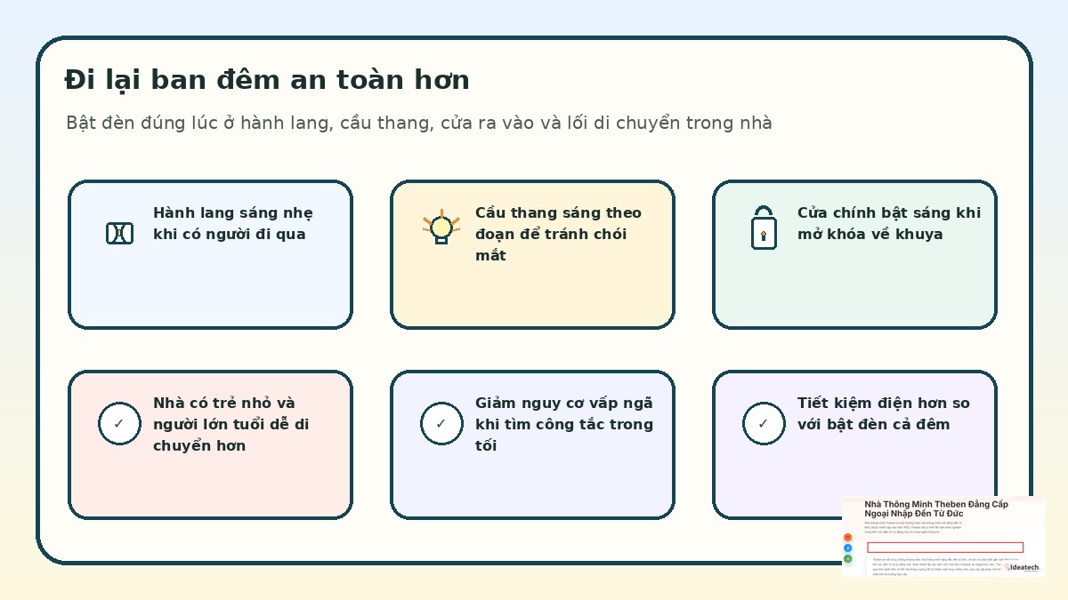 Tình huống bật đèn theo chuyển động ở hành lang và cầu thang vào ban đêm