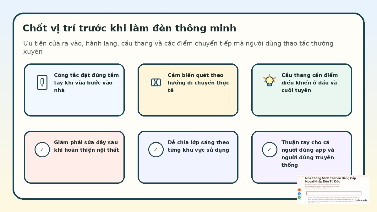 Sơ đồ vị trí công tắc và cảm biến cần chốt sớm cho hành lang cầu thang và cửa ra vào
