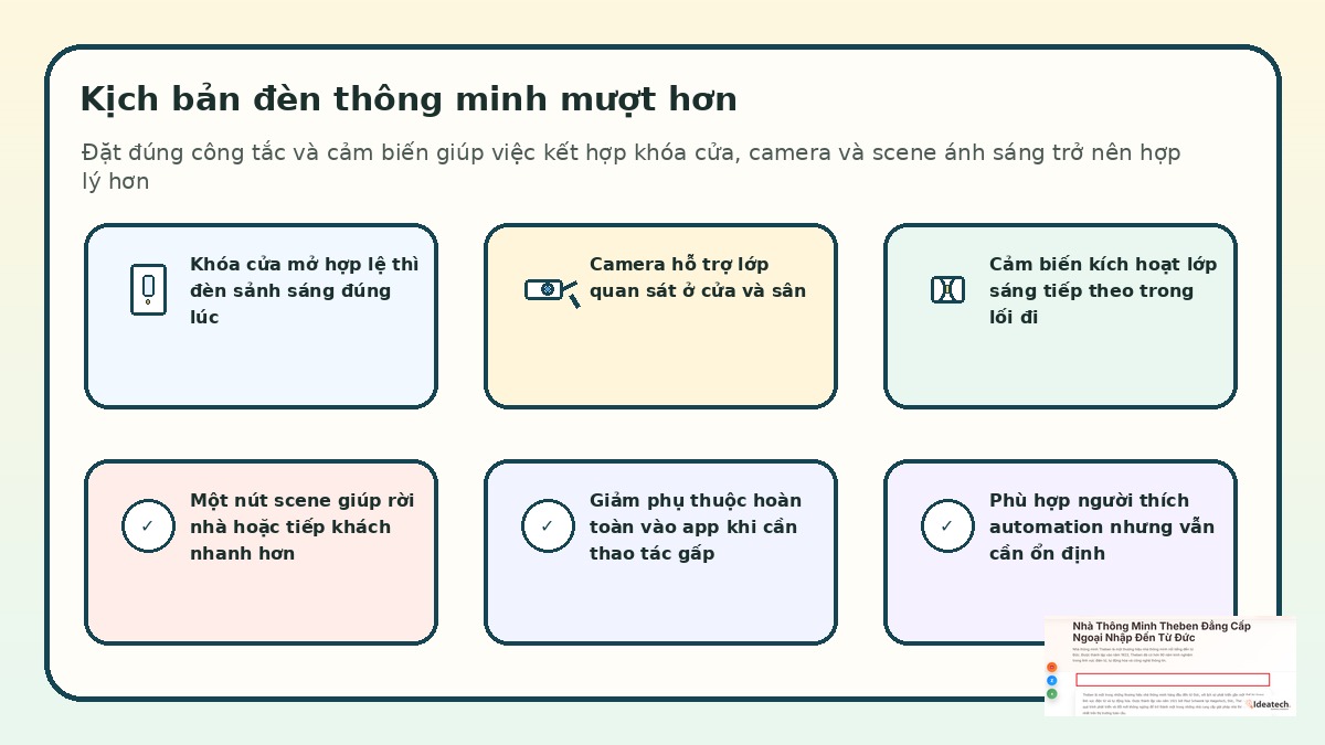 Kịch bản đèn thông minh kết hợp công tắc cảm biến khóa cửa và camera trong nhà