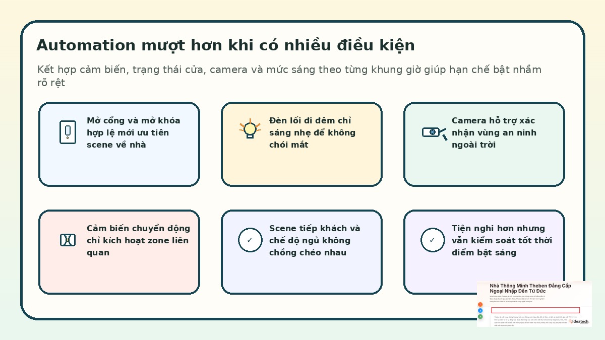 Kịch bản ánh sáng biệt thự kết hợp cảm biến cửa camera và mức sáng ban đêm