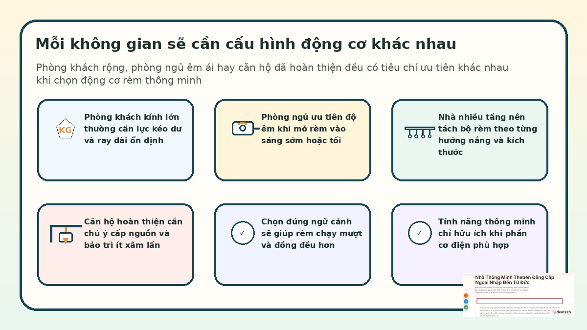 Ví dụ chọn động cơ rèm thông minh theo từng không gian và mức tải khác nhau