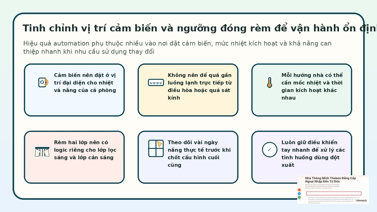 Lưu ý về vị trí cảm biến nhiệt độ và cách tinh chỉnh rèm để tránh đóng mở thất thường vào ngày nắng gắt