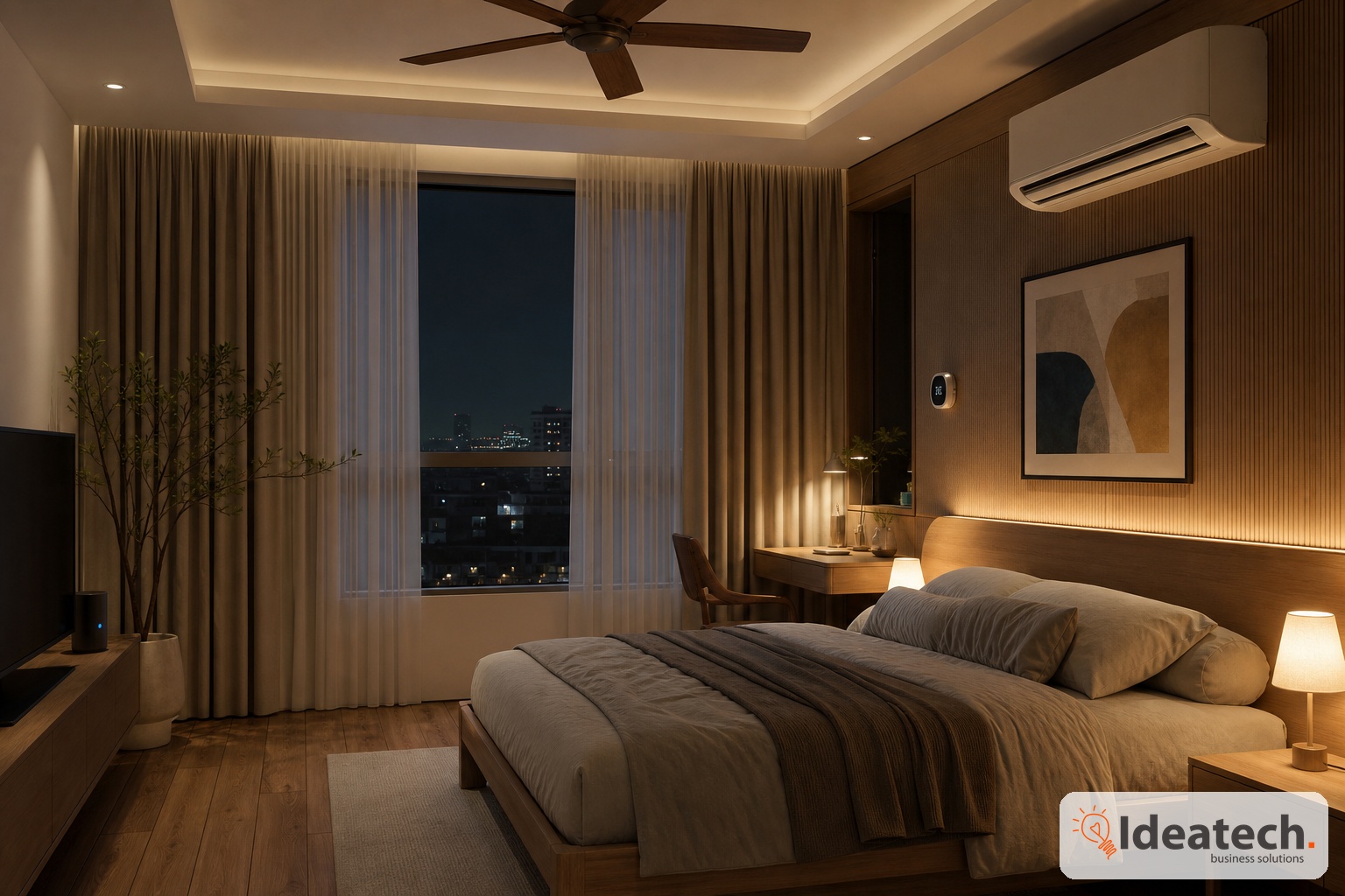 Các thiết bị nên ưu tiên trong phòng ngủ gồm rèm điều hòa cảm biến và ánh sáng dịu