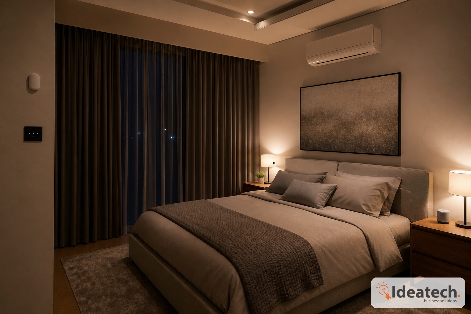 Kịch bản buổi tối trong phòng ngủ với rèm đóng đèn dịu và điều hòa hoạt động đồng bộ nhờ cảm biến đúng vị trí