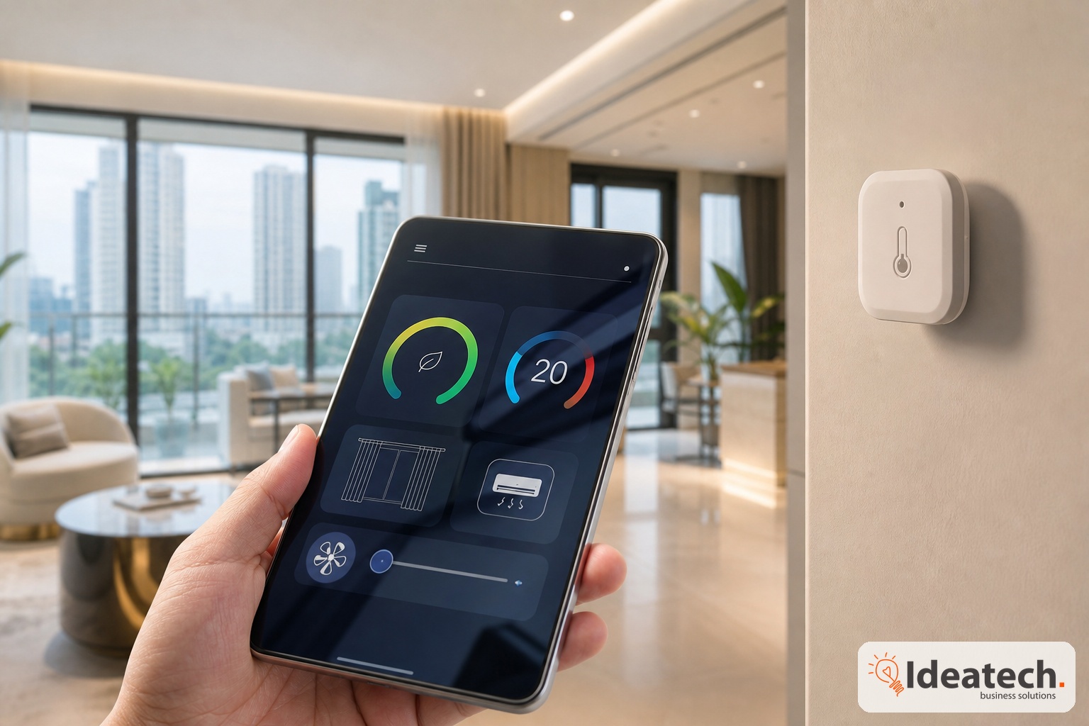 Điện thoại điều khiển kịch bản khí hậu thông minh với dữ liệu chất lượng không khí nhiệt độ rèm và điều hòa