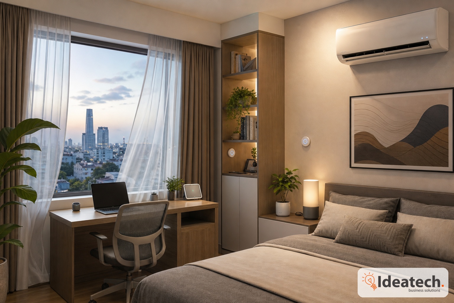 Phòng ngủ hoặc phòng làm việc dùng rèm thông minh điều hòa thông minh và cảm biến nhiệt độ để thông gió cân bằng