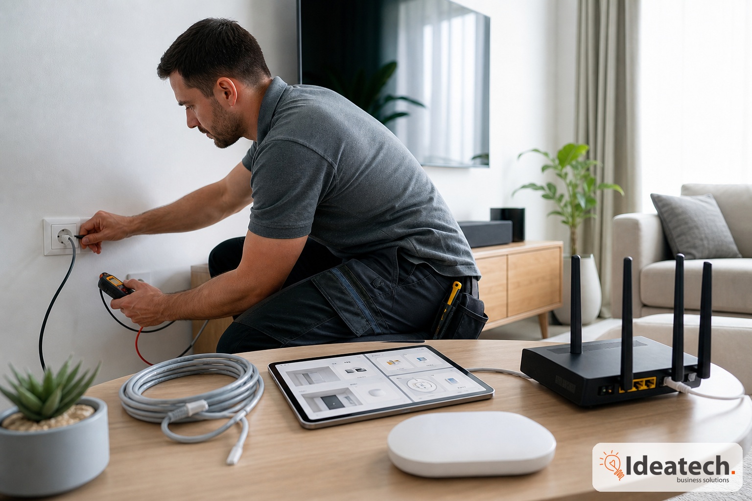 Kỹ thuật viên kiểm tra tủ điện và hạ tầng mạng trước khi triển khai smarthome trong nhà hiện đại