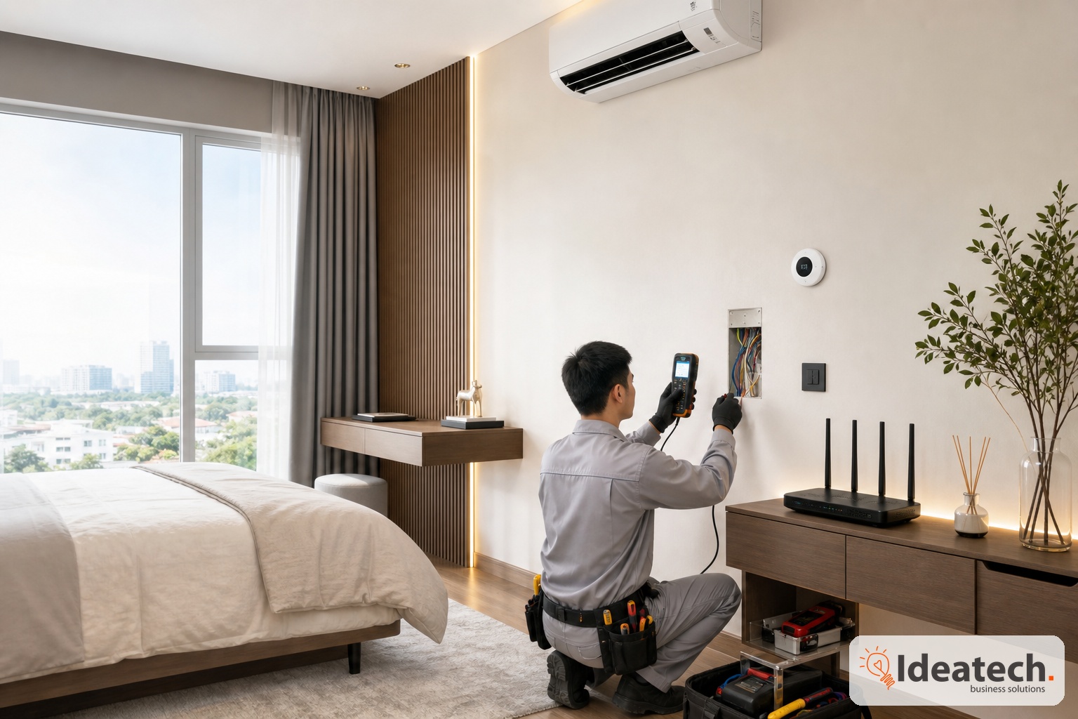 Kiểm tra ổ cắm nguồn điện router wifi và dây mạng ở phòng khách trước khi lắp thiết bị khí hậu thông minh
