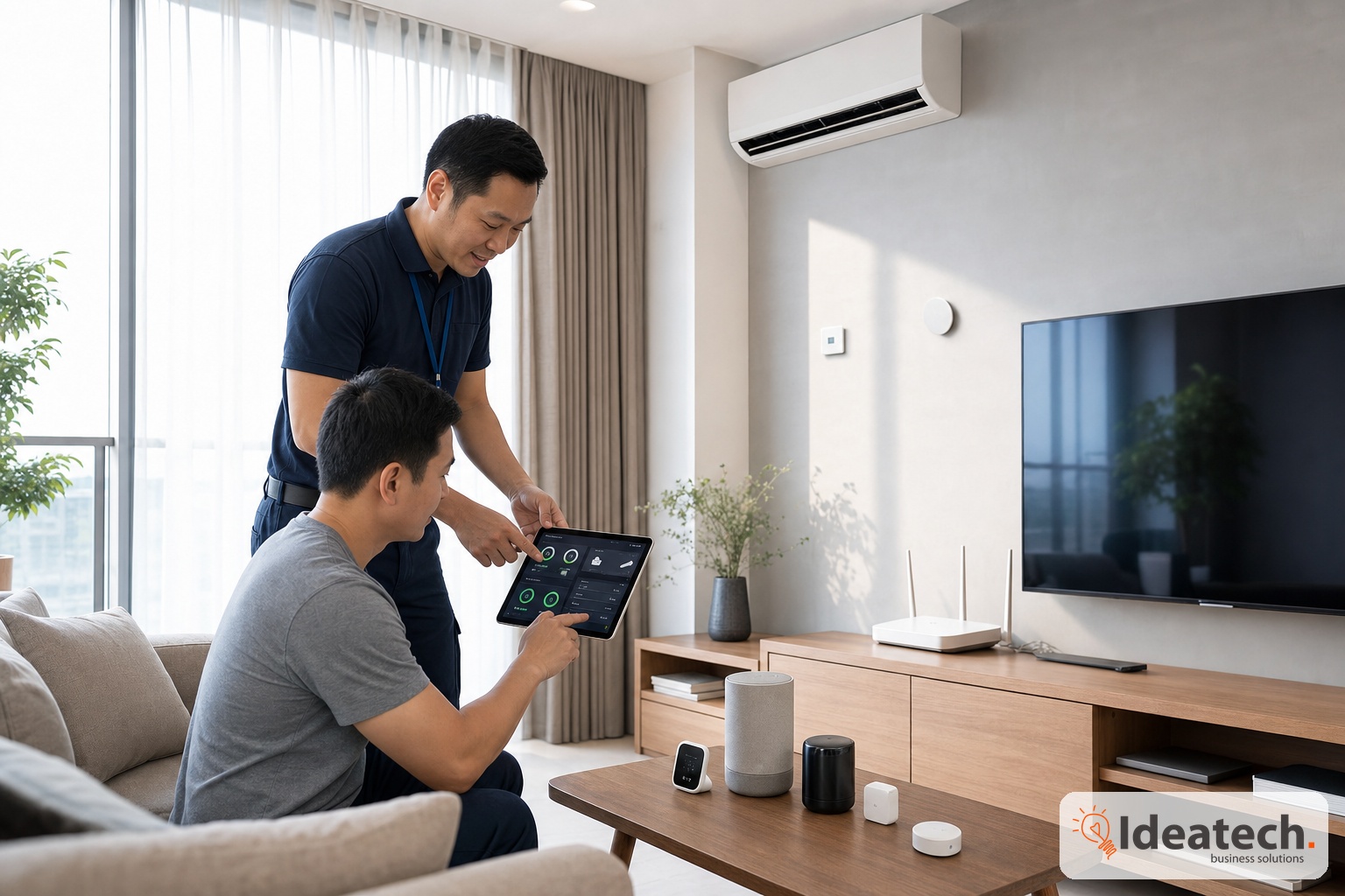 Người dùng và kỹ thuật viên kiểm tra lỗi kết nối giữa rèm thông minh điều hòa và hub điều khiển trong phòng khách hiện đại