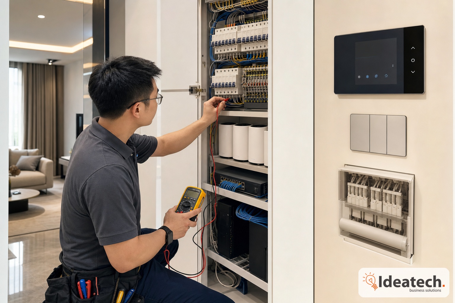 Kỹ thuật viên kiểm tra tủ điện router mesh và bộ điều khiển điều hòa trong hệ thống nhà thông minh hiện đại