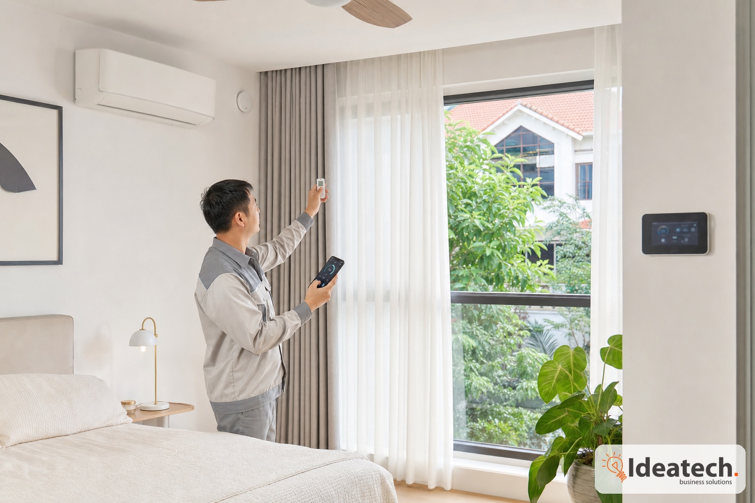 Phòng ngủ hiện đại có rèm thông minh điều hòa cảm biến nhiệt độ độ ẩm và điện thoại chạy automation khí hậu