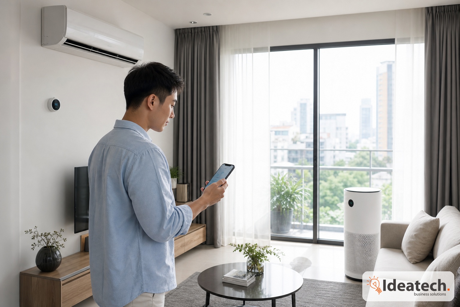 Gia chủ kiểm tra máy lọc không khí thông minh trong phòng khách có rèm thông minh điều hòa và cảm biến nhiệt độ