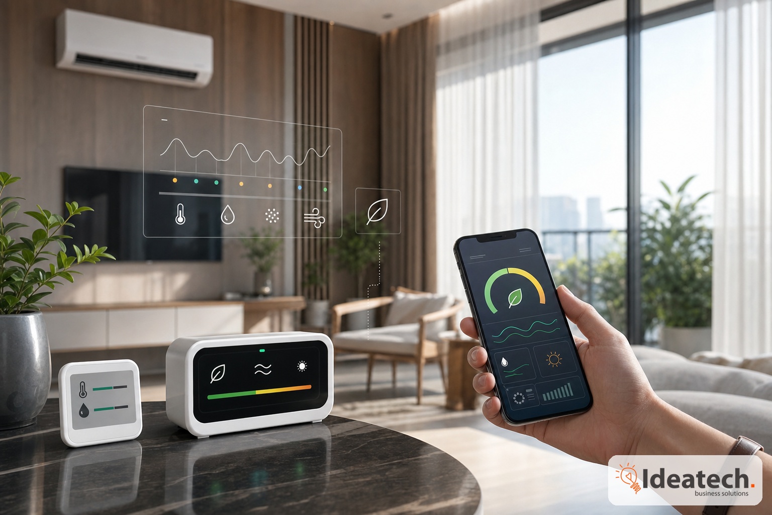 Gia chủ theo dõi thông số nhiệt độ độ ẩm và chất lượng không khí trong phòng khách với rèm thông minh điều hòa và cảm biến