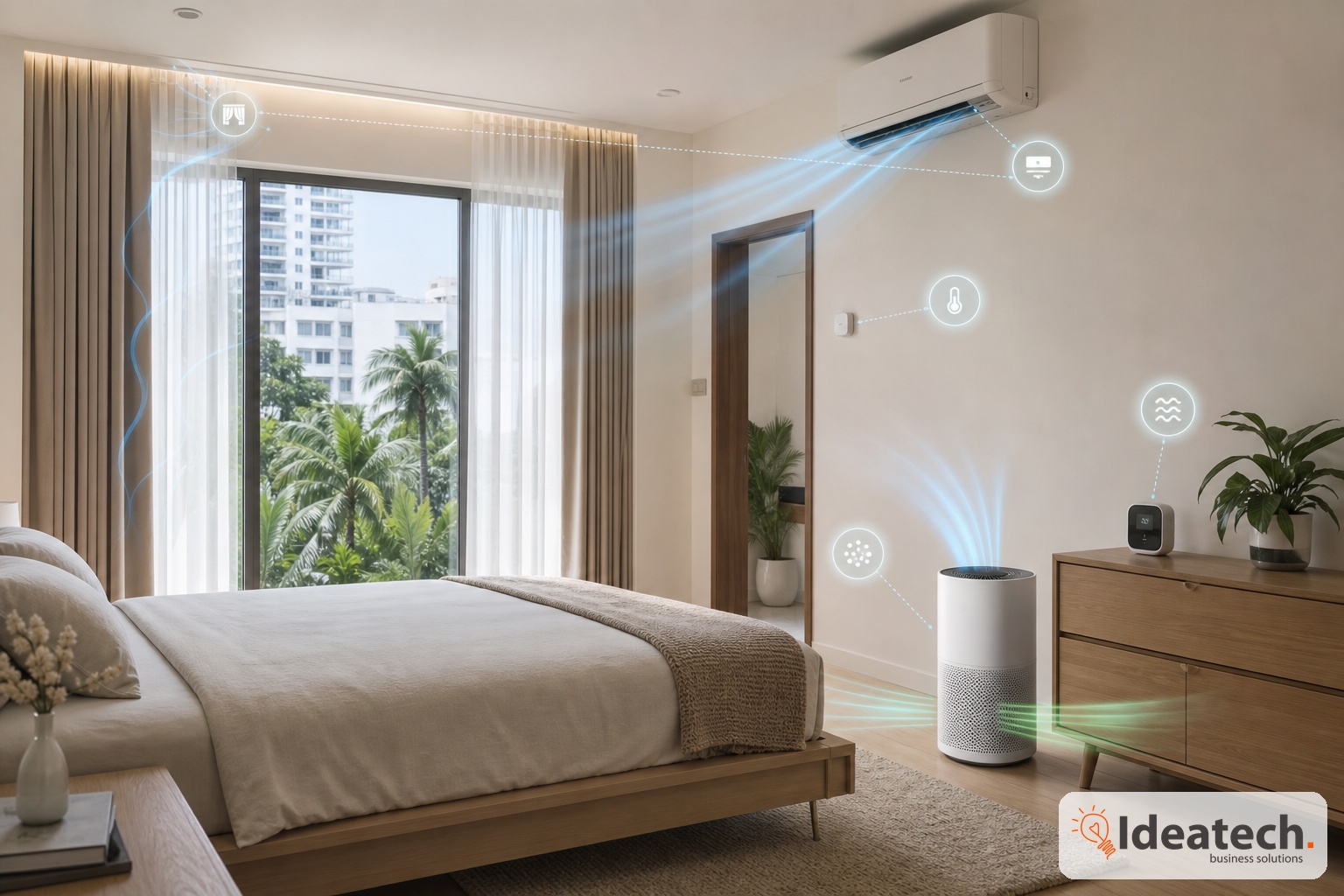Thiết bị theo dõi nhiệt độ độ ẩm chất lượng không khí đặt gần điều hòa thông minh và rèm thông minh trong phòng ngủ