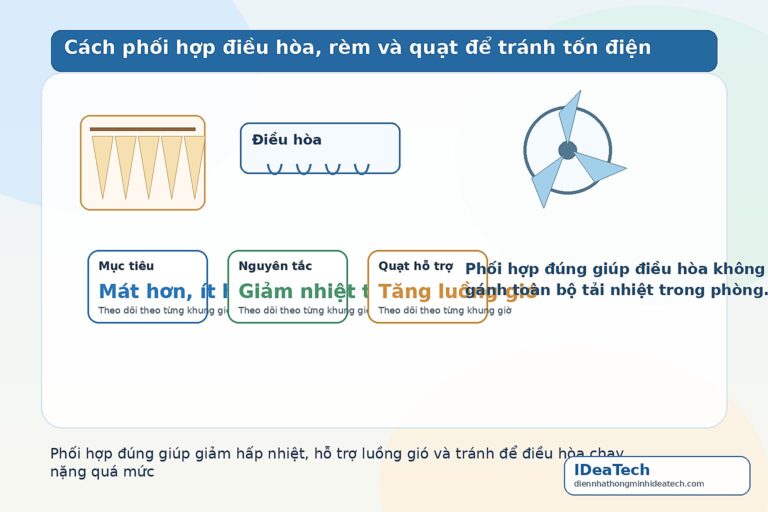 Minh họa cách phối hợp điều hòa, rèm và quạt để tránh tốn điện trong nhà ở
