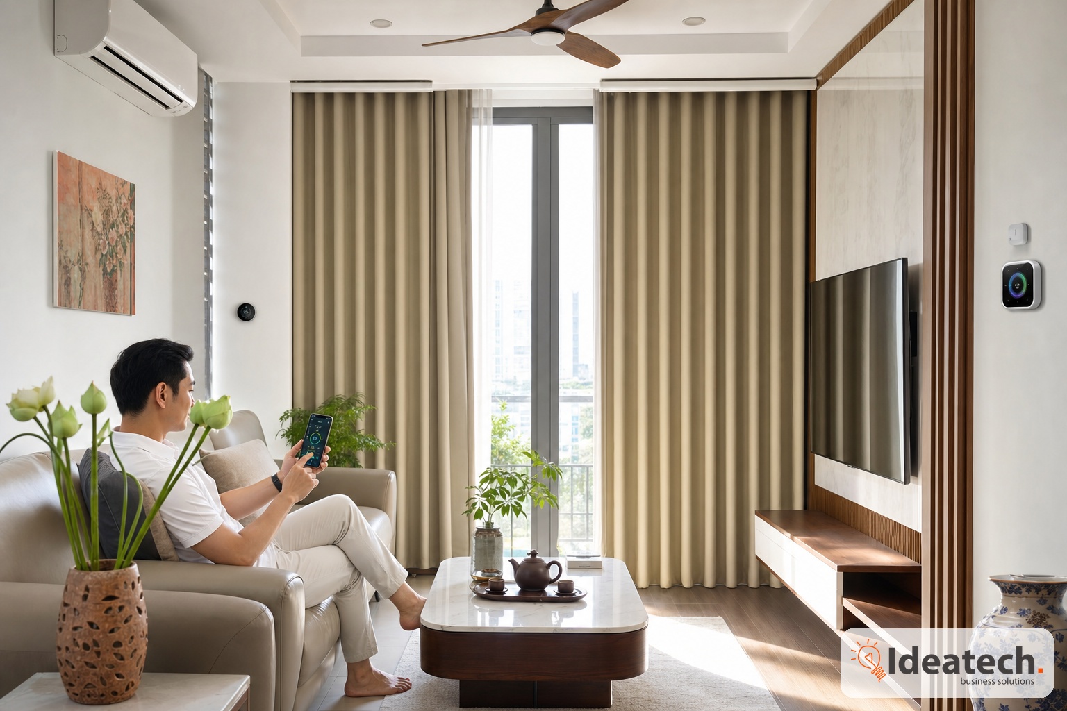 Phòng khách gia đình dùng rèm thông minh điều hòa thông minh và cảm biến nhiệt độ để giảm tiền điện mùa nóng Phòng khách gia đình dùng rèm thông minh điều hòa thông minh và cảm biến nhiệt độ để giảm tiền điện mùa nóng