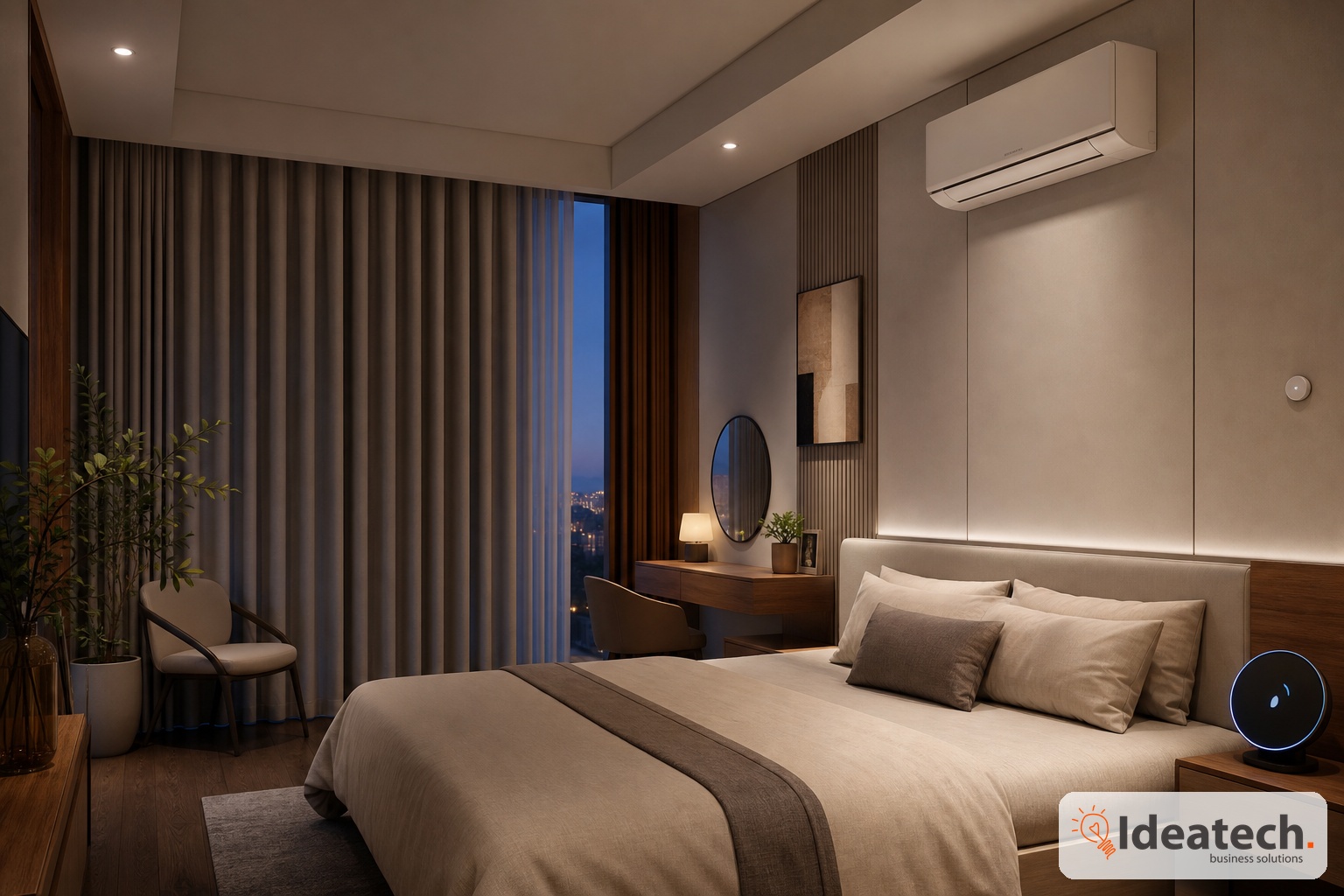 Thiết bị cảm biến nhiệt độ đặt gần điều hòa thông minh và rèm thông minh trong phòng ngủ để tối ưu điện năng Thiết bị cảm biến nhiệt độ đặt gần điều hòa thông minh và rèm thông minh trong phòng ngủ để tối ưu điện năng