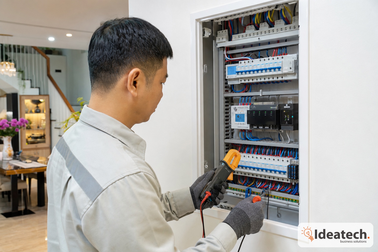 Phong ngu va hanh lang nha pho voi dieu hoa den rem thong minh theo lich