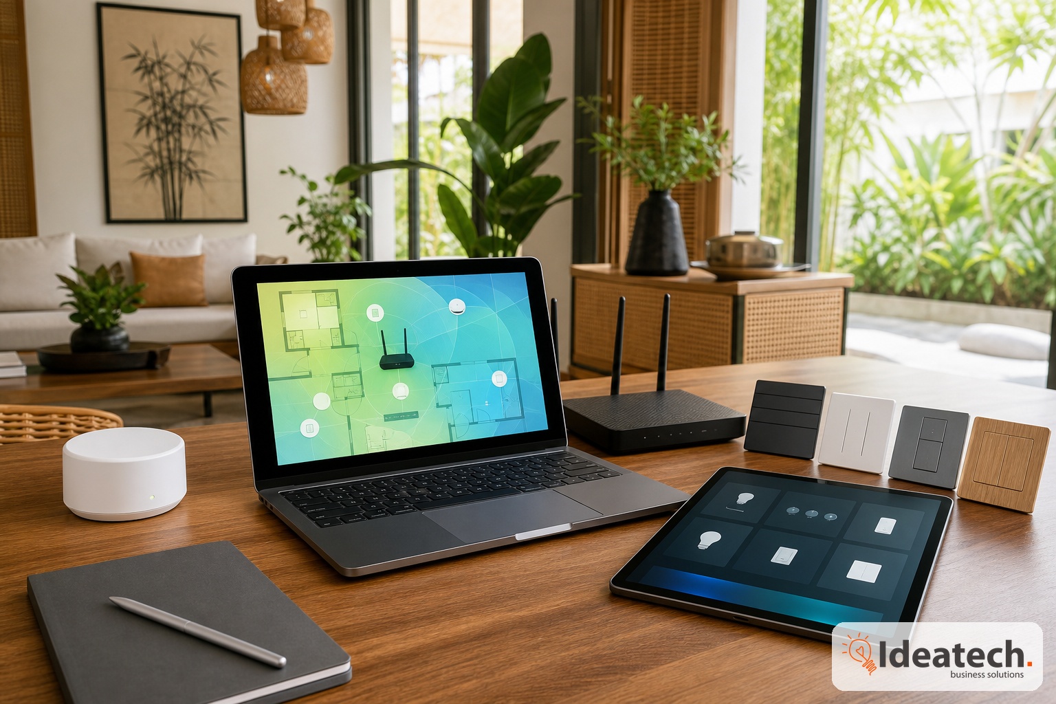 Laptop hien so do wifi va vung thiet bi trong phong khach homestay de lap ke hoach smarthome