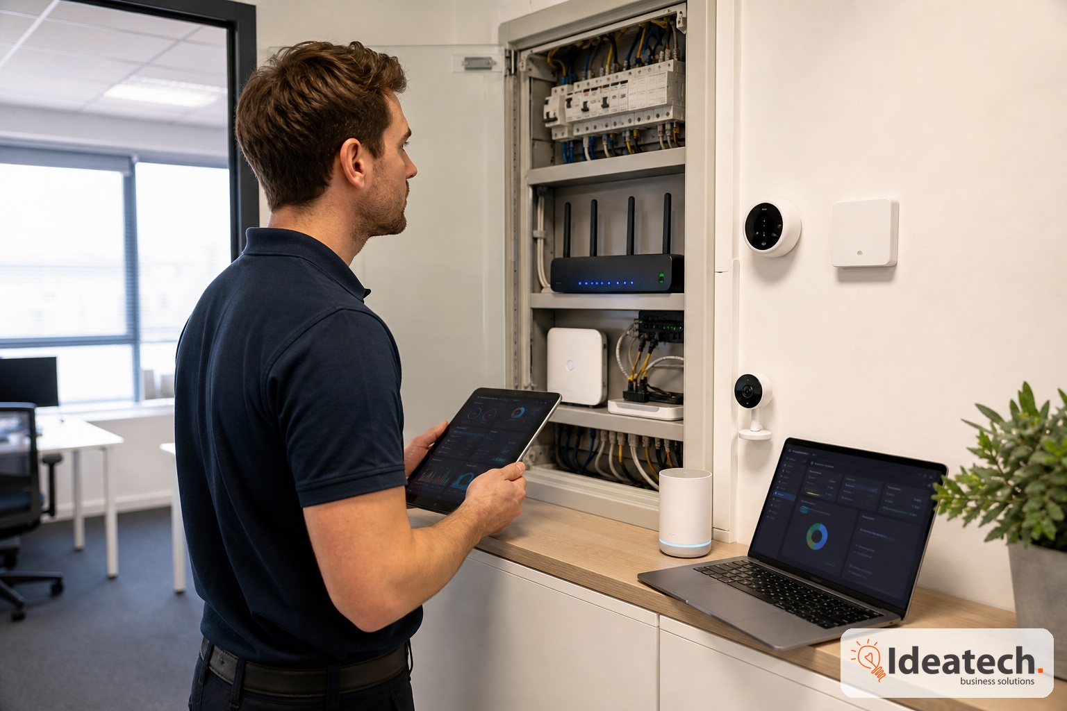 Ky thuat vien kiem tra tu dien router wifi hub va dashboard thiet bi trong van phong nho Ky thuat vien kiem tra tu dien router wifi hub va dashboard thiet bi trong van phong nho