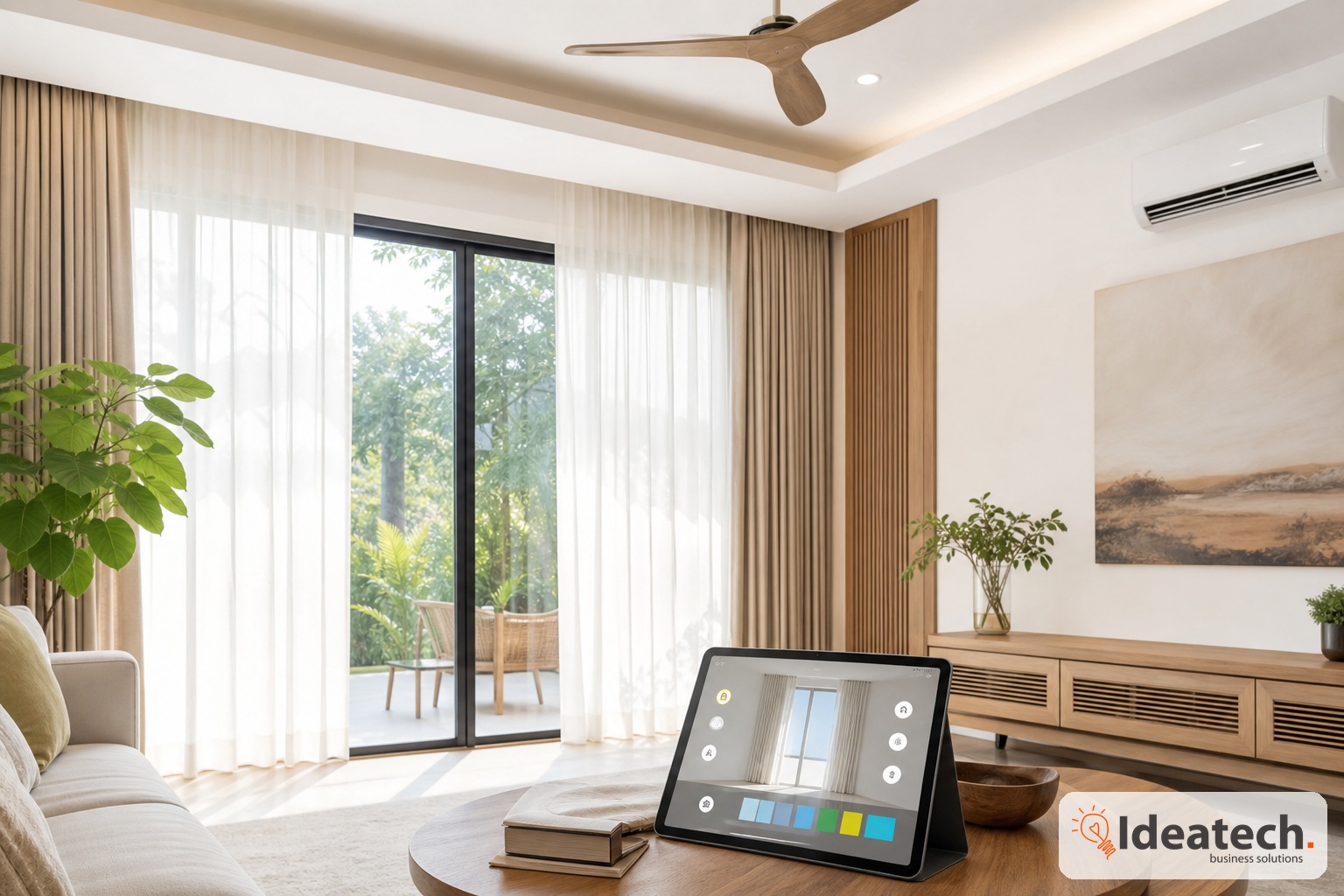 Tablet dieu khien rem tu dong trong phong khach airbnb theo gio va muc nang