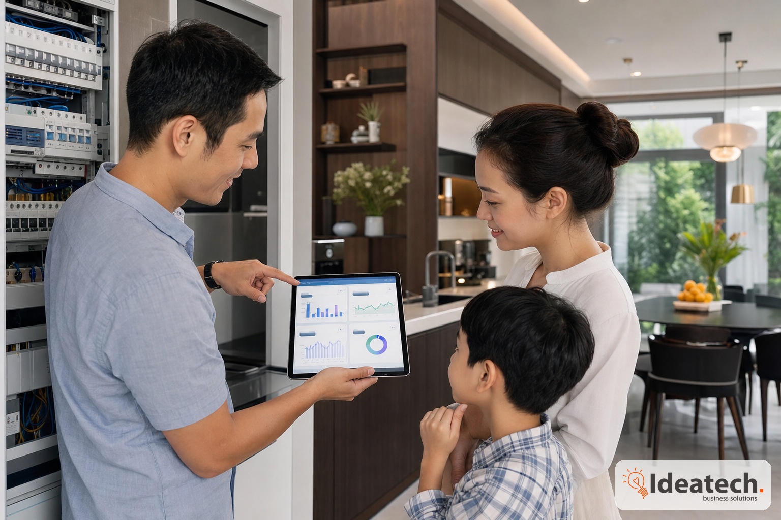 Gia dinh xem bao cao dien nang theo tung thiet bi tren tablet trong nha thong minh