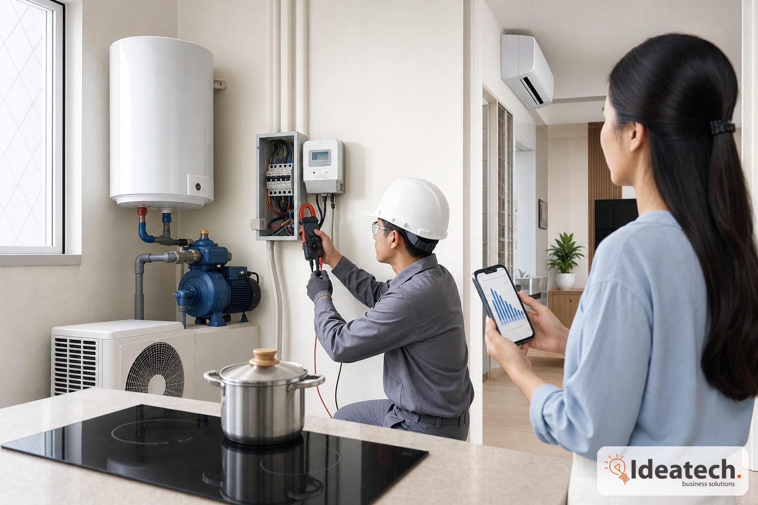 Tho dien dang gan smart meter va do tai cho binh nong lanh may bom dieu hoa truoc khi lap automation
