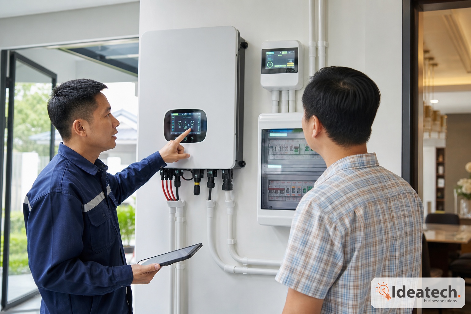 Ky thuat vien va gia chu kiem tra inverter dien mat troi smart meter va tu dien nha thong minh