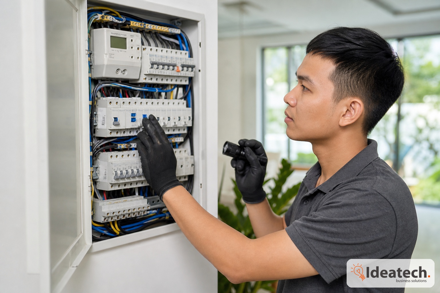 Ky thuat vien kiem tra tu dien aptomat day trung tinh va module dieu khien truoc khi thi cong smarthome