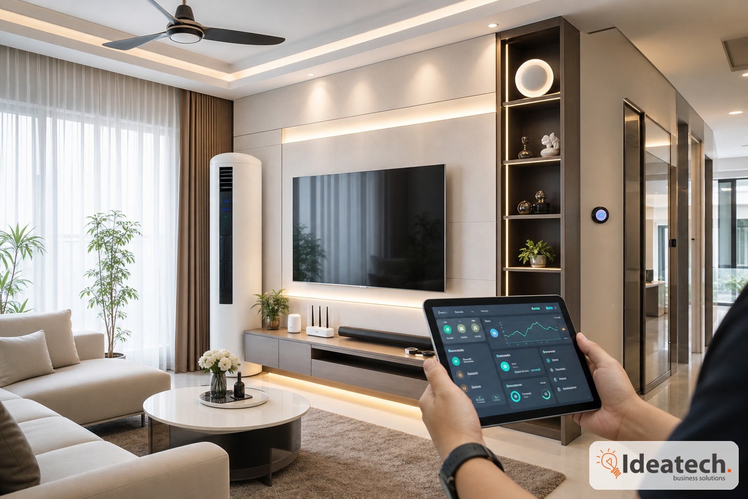 Phong khach nha thong minh voi den rem dieu hoa router mesh va dashboard he thong da san sang