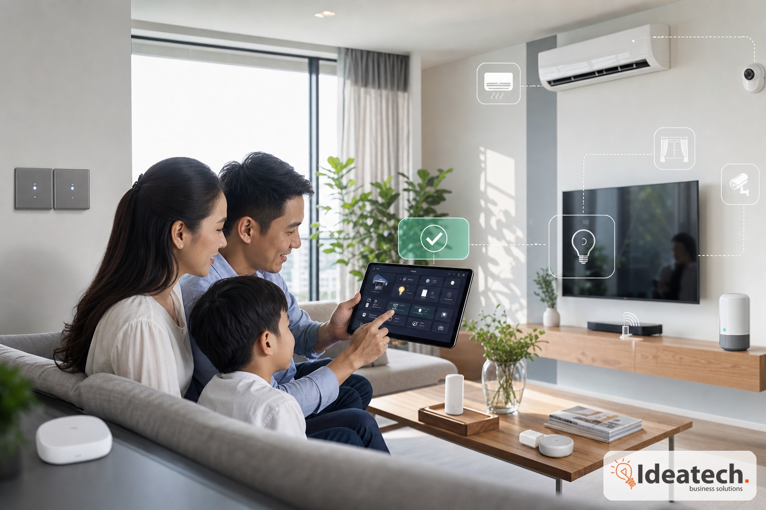 Gia dinh xem dashboard chan doan loi van hanh trong he thong nha thong minh tren tablet