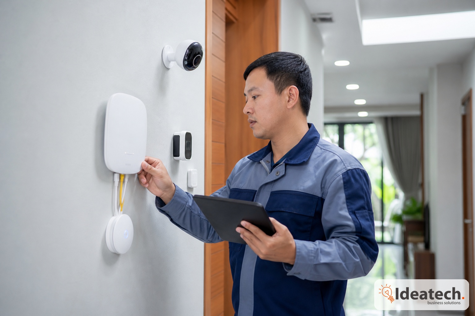 Ky thuat vien kiem tra router hub smarthome cam bien cua va camera trong hanh lang nha