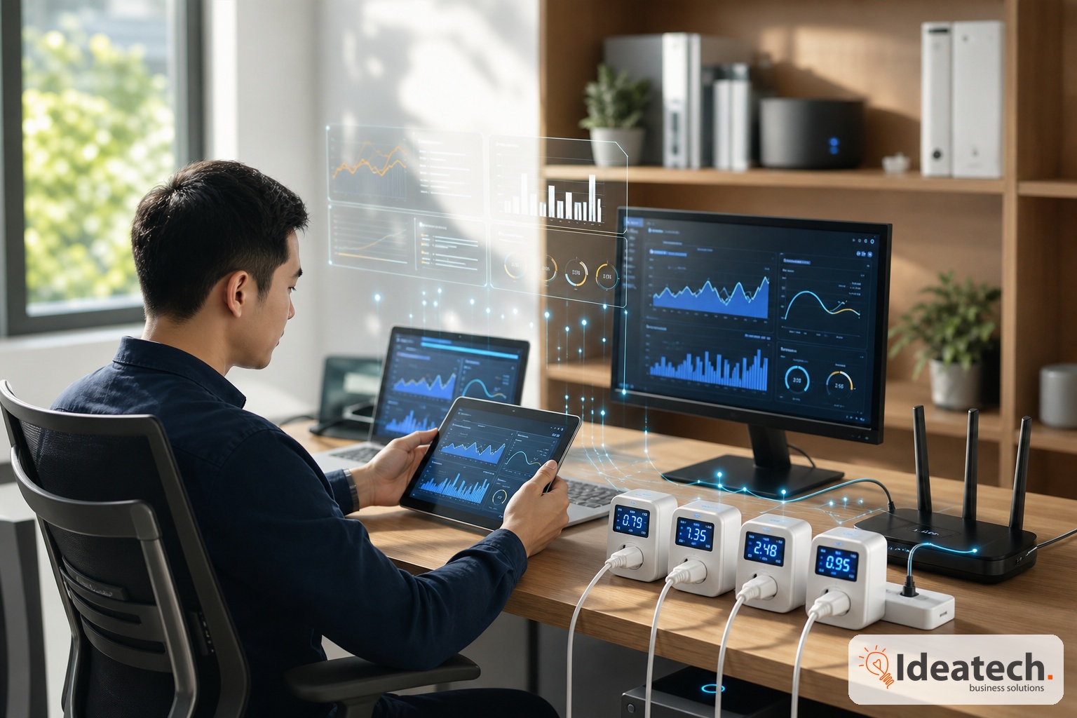 Chu van phong nho xem du lieu dien nang tren laptop va tablet giua khu lam viec hien dai Chu van phong nho xem du lieu dien nang tren laptop va tablet giua khu lam viec hien dai