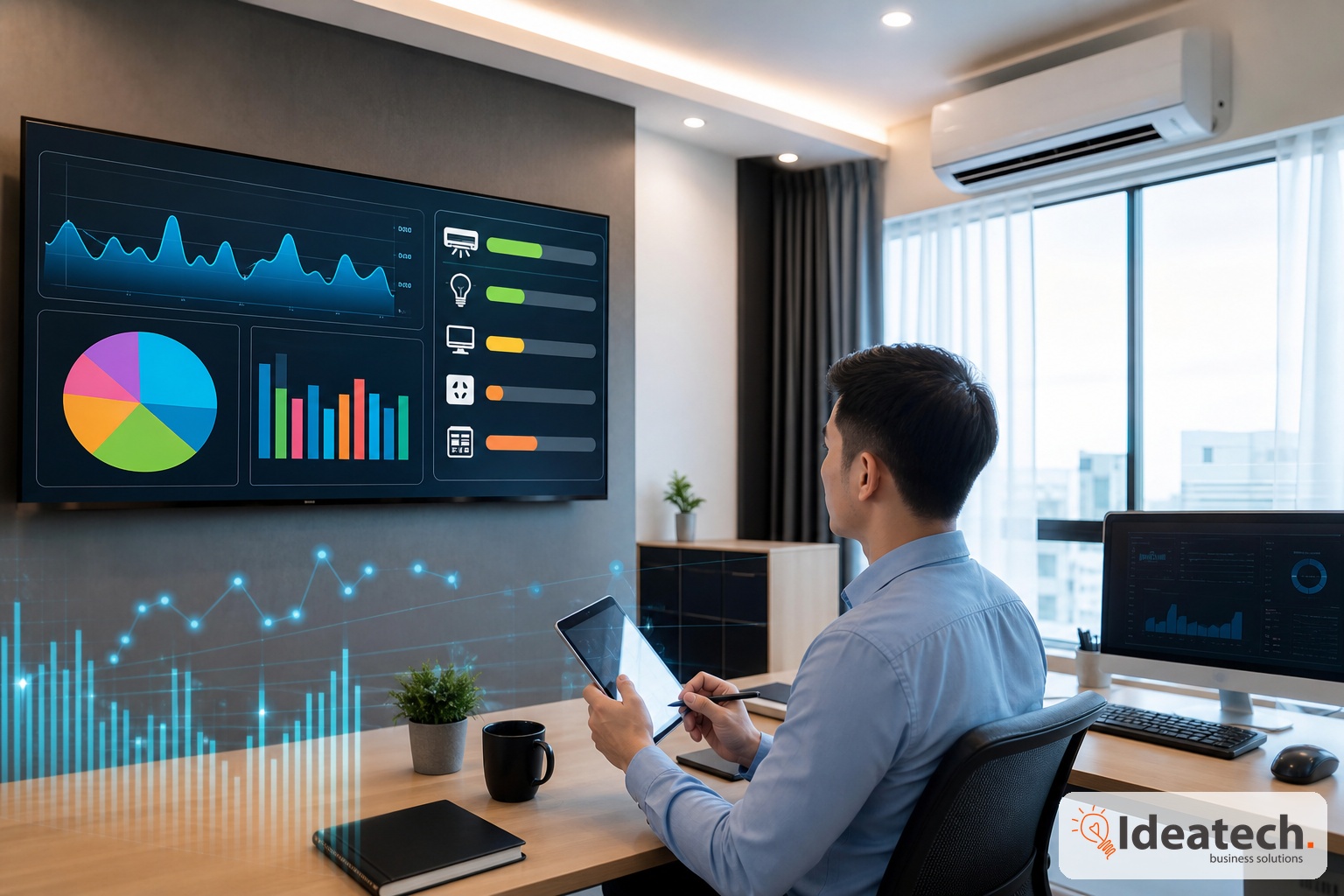 Van phong nho voi dieu hoa den chieu sang rem cua va man hinh dashboard nang luong Van phong nho voi dieu hoa den chieu sang rem cua va man hinh dashboard nang luong