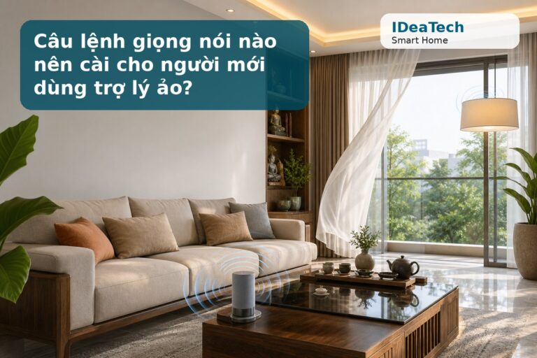 Ảnh minh họa phòng khách thông minh với trợ lý ảo và câu lệnh giọng nói.