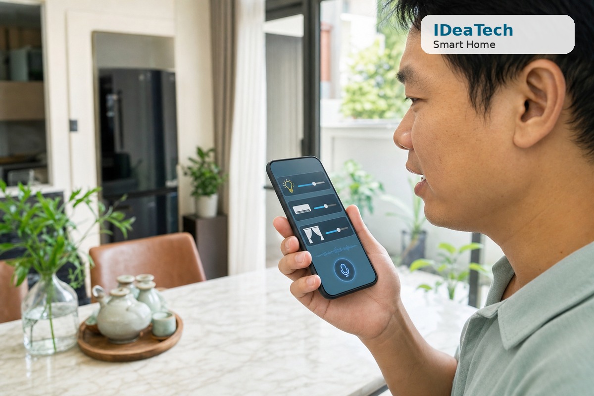 Người dùng thiết lập câu lệnh giọng nói đơn giản cho đèn, rèm và điều hòa.