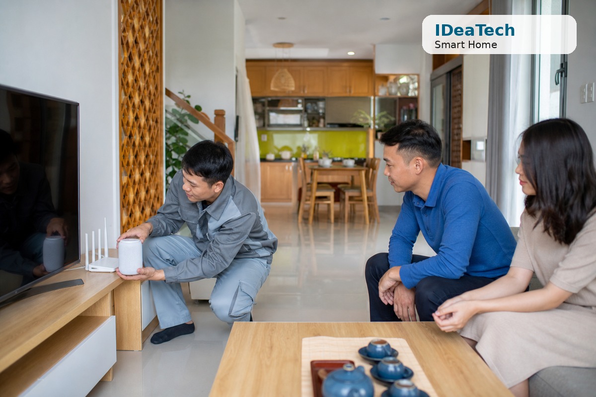 Kỹ thuật viên kiểm tra vị trí đặt loa thông minh và router để nhận lệnh ổn định.