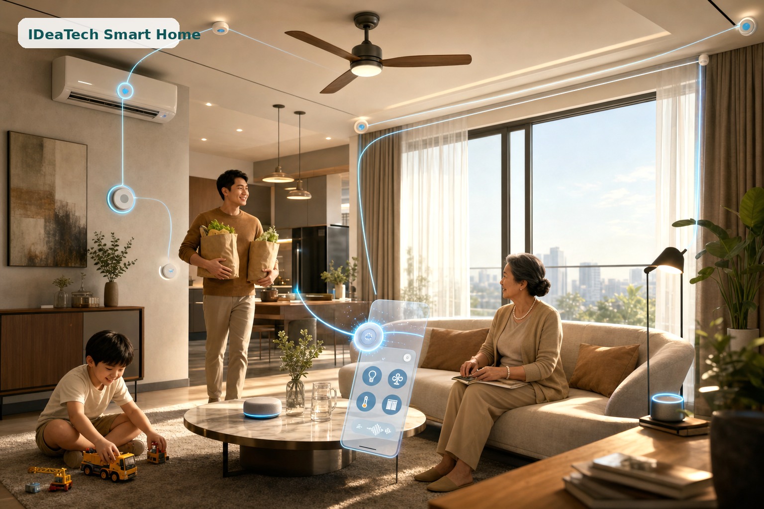 Gia đình sinh hoạt trong phòng khách với cảm biến và ứng dụng điều khiển nhà thông minh