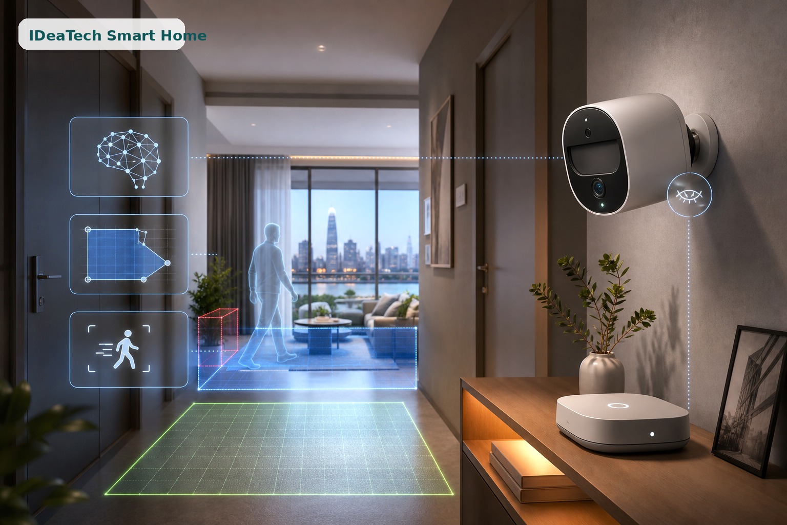 Camera có vùng riêng tư hub trung tâm và giao diện luật tự động trong căn hộ
