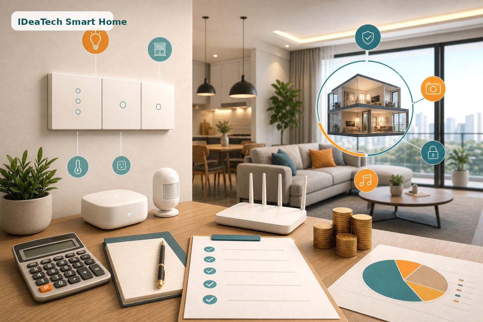 Bộ thiết bị nhà thông minh gồm công tắc hub cảm biến router và bảng kiểm ngân sách