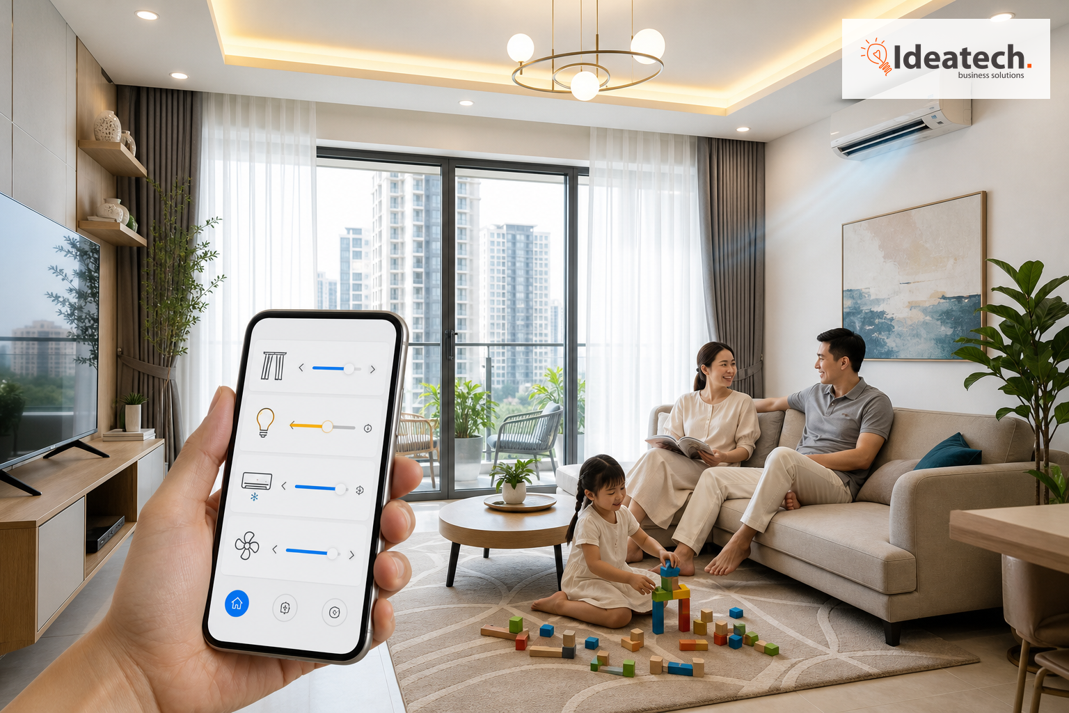 Kịch bản rèm, đèn và điều hòa phù hợp sinh hoạt chung cư hằng ngày.