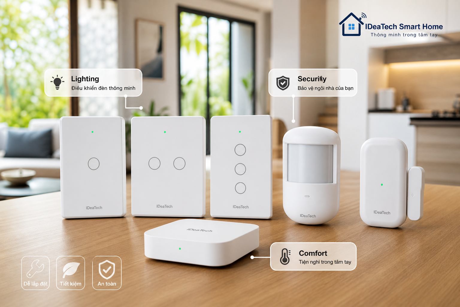 Nhóm thiết bị smarthome cơ bản gồm công tắc thông minh, cảm biến và hub trung tâm