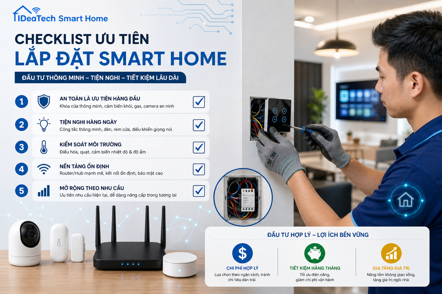 Ưu tiên lắp đặt công tắc thông minh, hub và cảm biến theo ngân sách